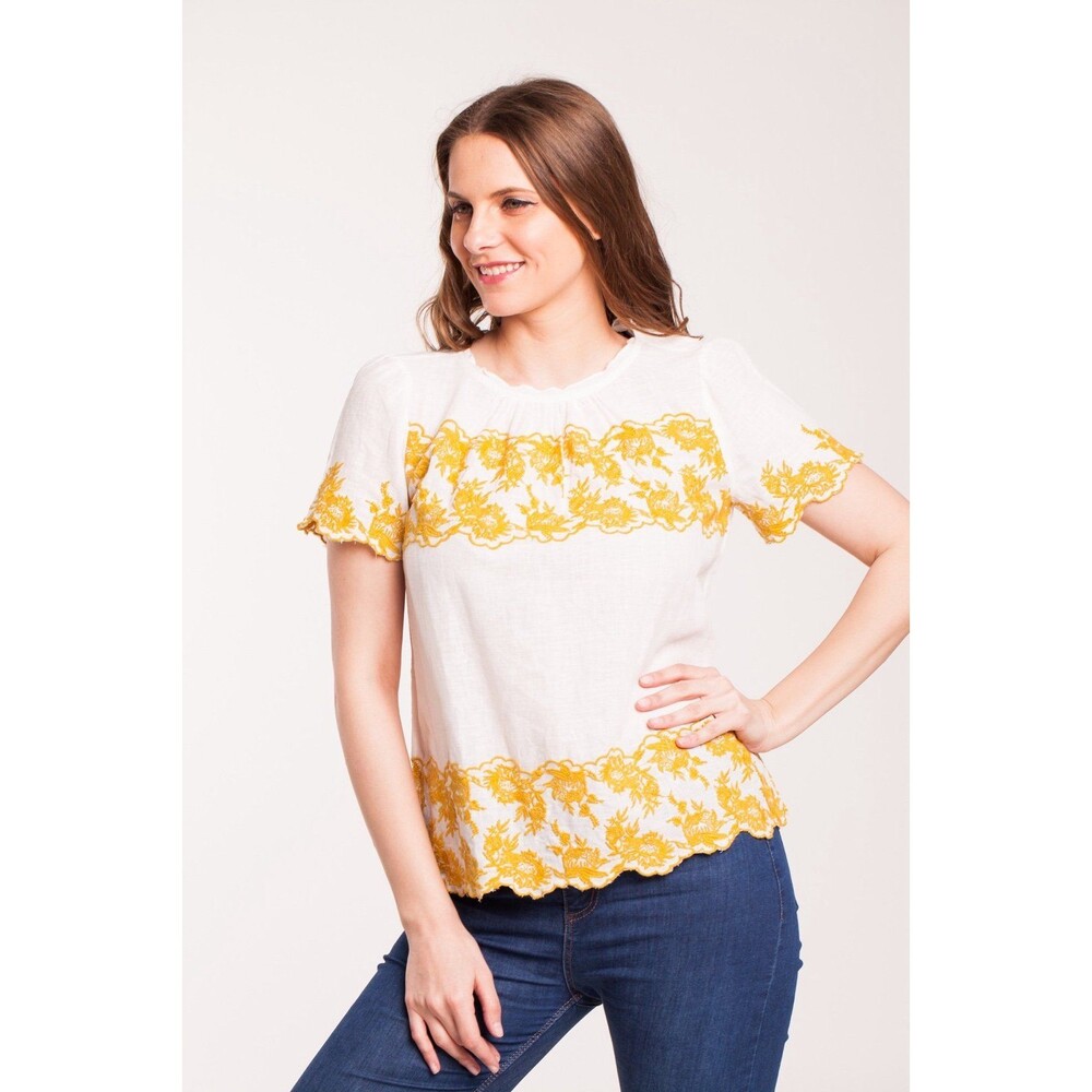 Loft Ivory Gold Floral Embroidered Linen Short Sleeve Top XS
